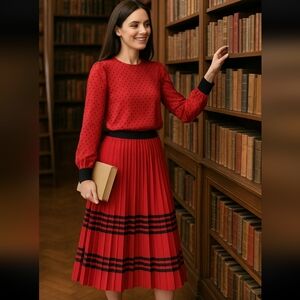 Vintage 80's Retro Polka Dot & Stripe 2pc Long Sleeve Pleated Skirt Set Size 10